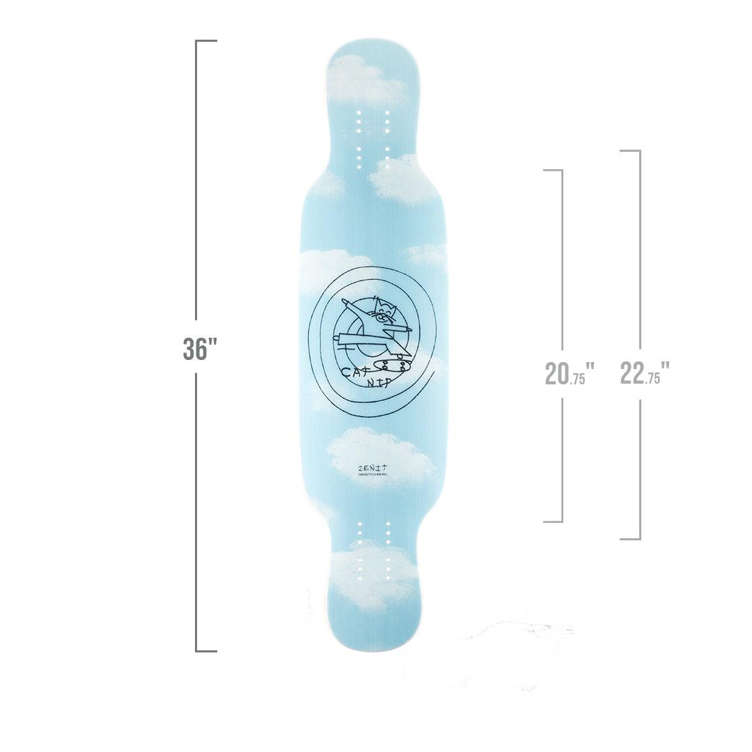 Zenit longboard cat nip 2.0 bottom graphic blue sky cat clouds specs size length wheelbase options